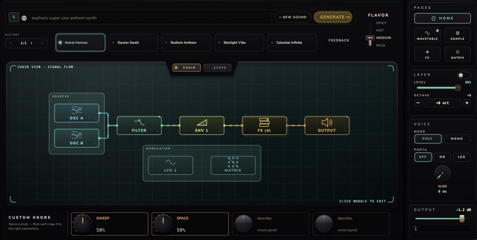 nob generation view showing a prompt, patch variations, the signal chain, and custom knobs
